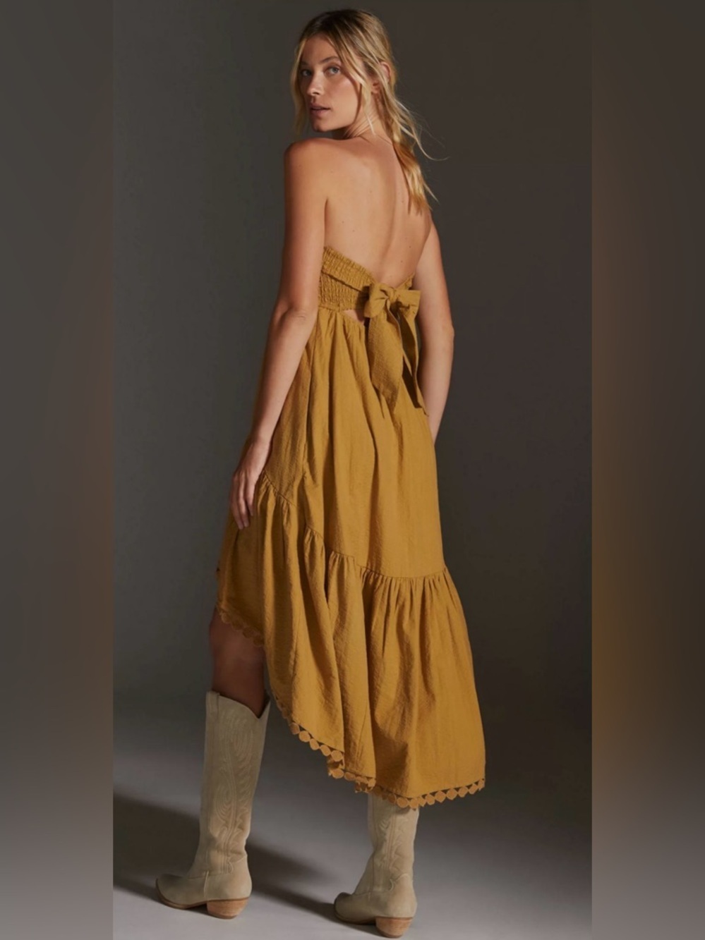 Anthropologie Mustard Yellow Backless Strapless Tie-Back Midi Dress